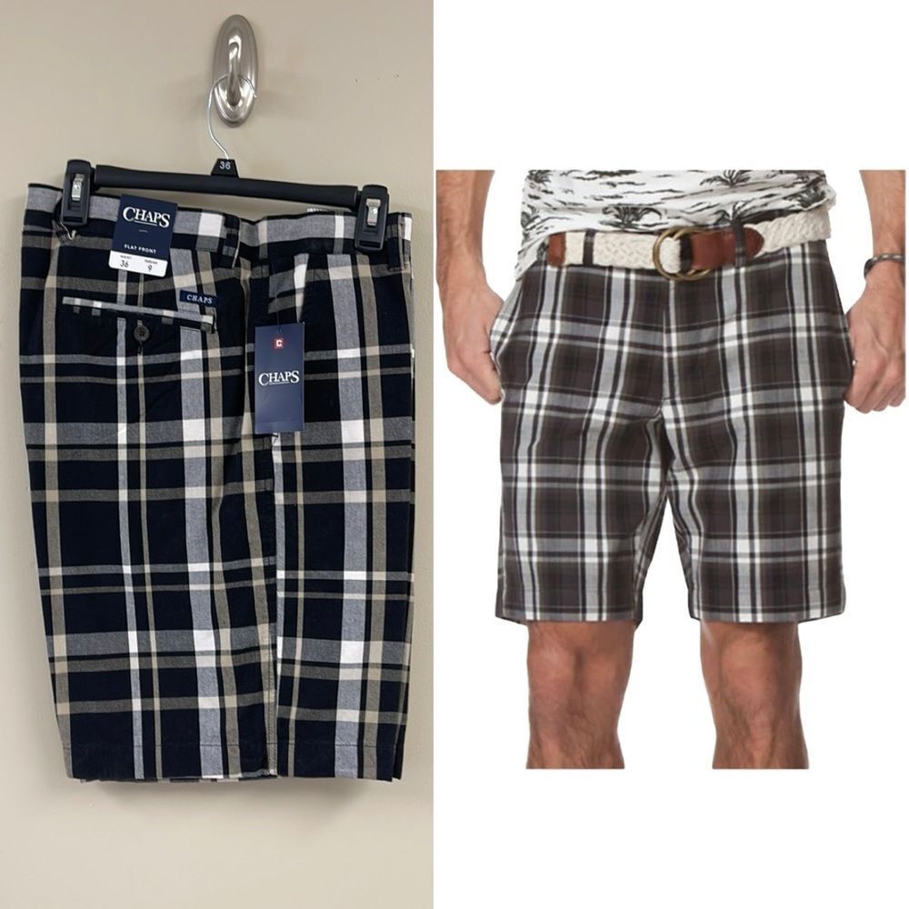 Chaps Men's Lead Table Poplin Flat Front Plaid Shorts Size 36 New with Tags